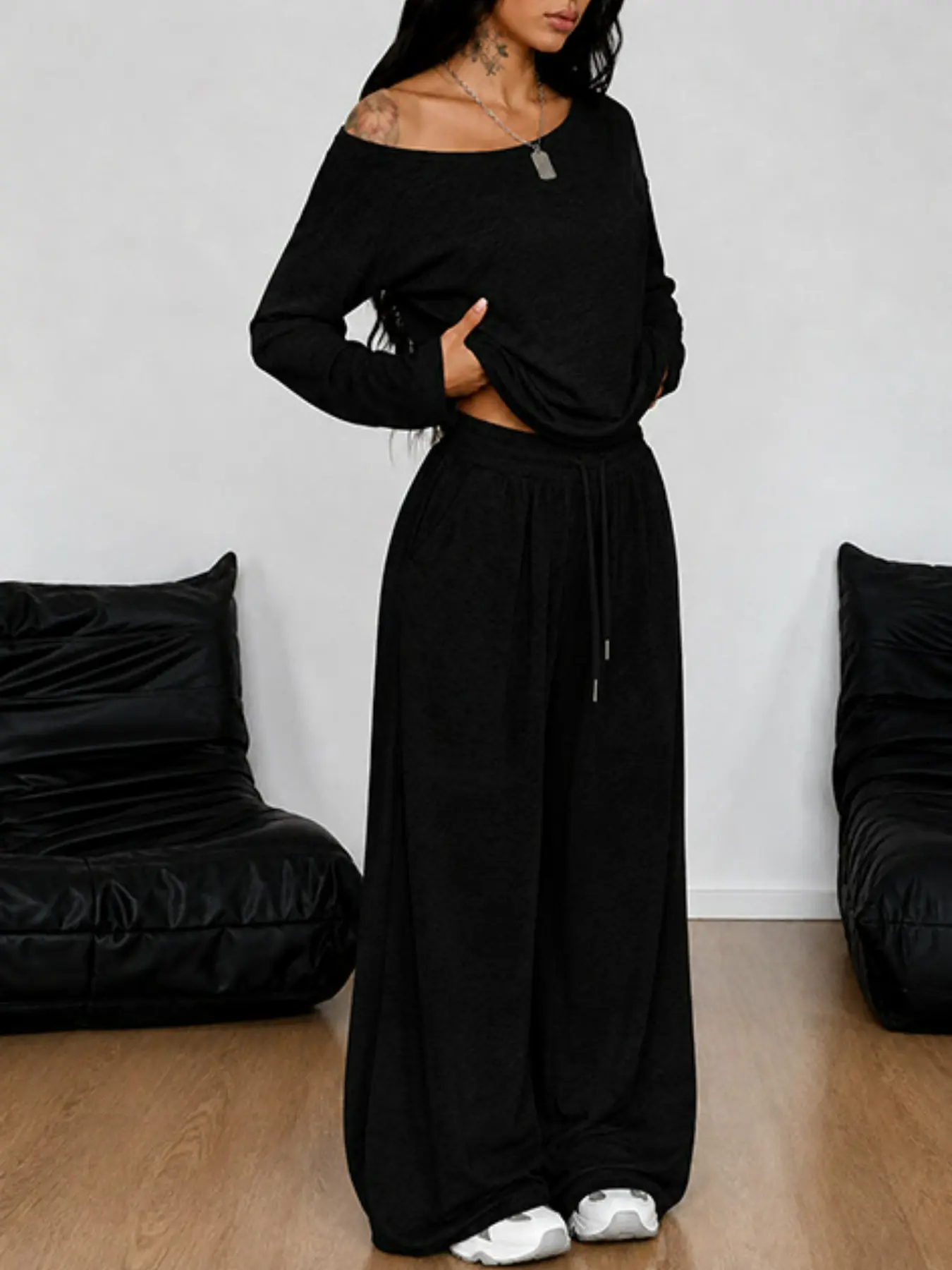 2026 Fall New Women 2 Piece Loungewear Set, off Shoulder Long Sleeve Top, Elastic Drawstring Wide Leg Pants, Casual Matching Tracksuit