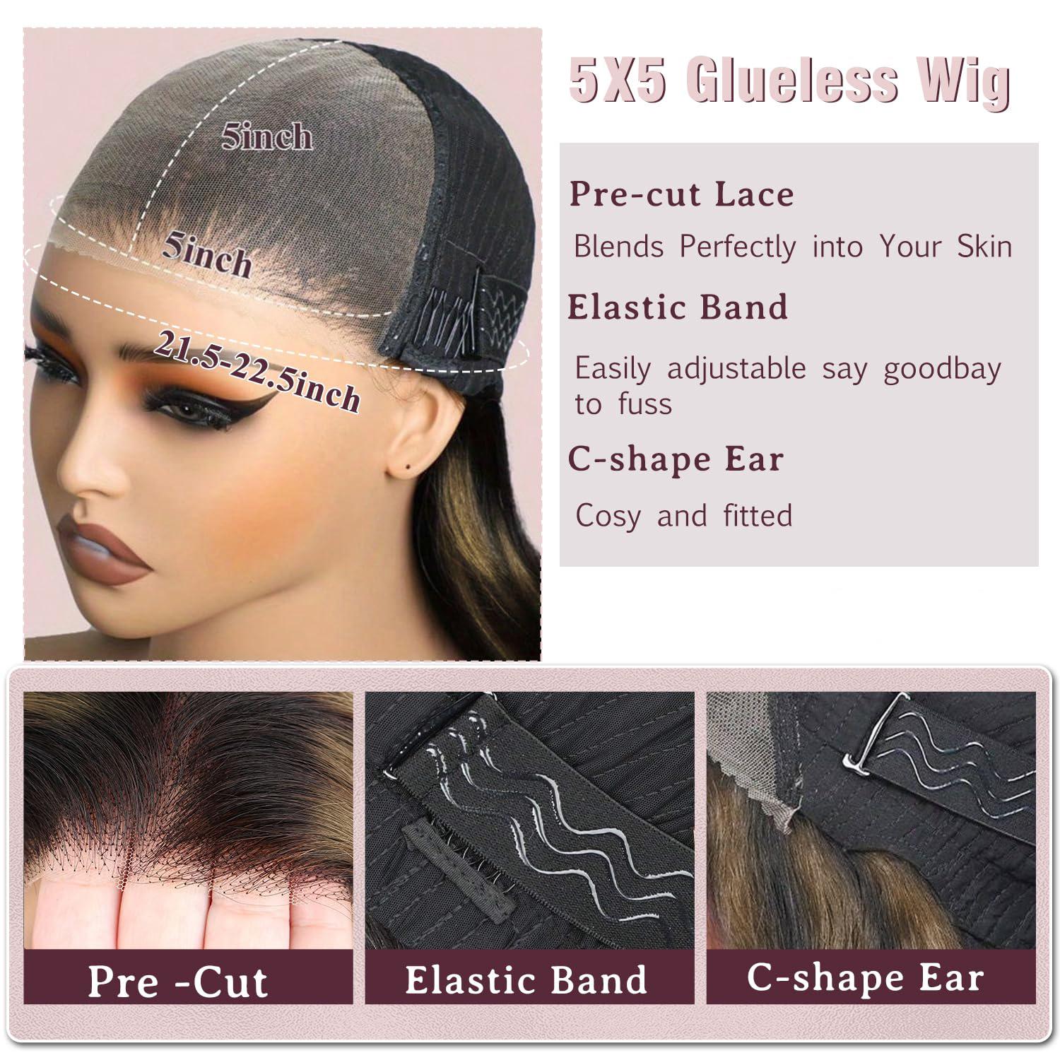 Highlight Ombre Lace Front Wig Human Hair Wear To Go Wig Pre Cut 5x5 Lace Closure Wigs Blended Hair Body Wave Lace Front Wigs Pre Plucked 5x5 Glueless Lace Wig P1B/27 Brown Highlight Wig 200 Density Colored 26 Inch Balayage Wigs for Women