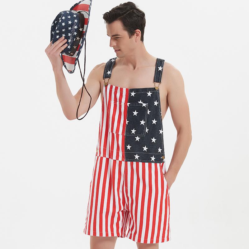OPDNBON American Flag Overalls Men and Women Stretch Denim Bib Shorts USA 4th of July Outfit with Zipper