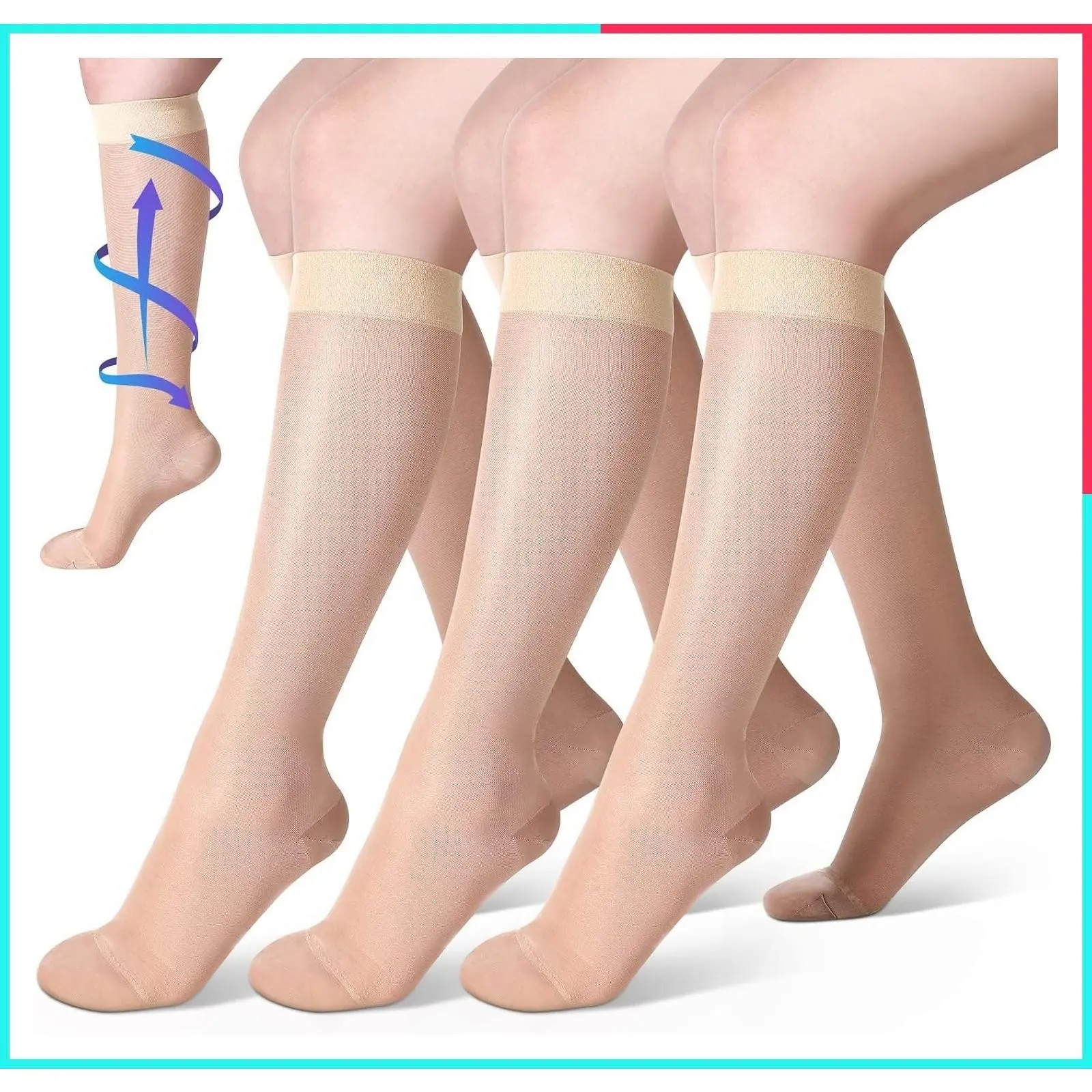 3 Pairs Sheer 20-30 mmHg Knee High Compression Support Stockings for Women