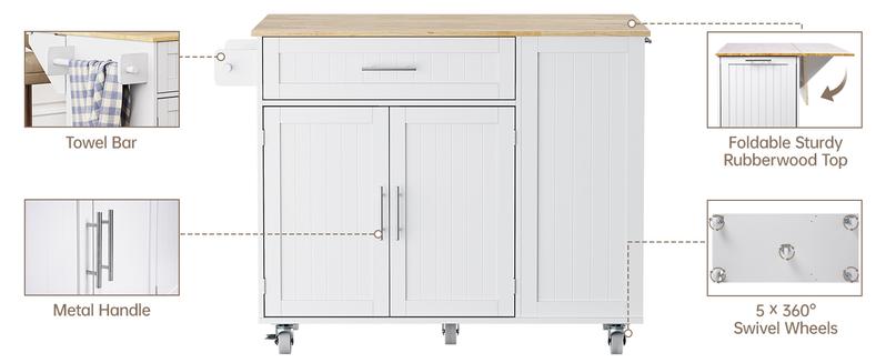 Kitchen Island with Storage, 31.5" D Rolling Kitchen Cart on Wheels with Widen Drop Leaf Rubberwood Top, Large Mobile Kitchen Island with Trash Can Storage and Towel Bar, Black