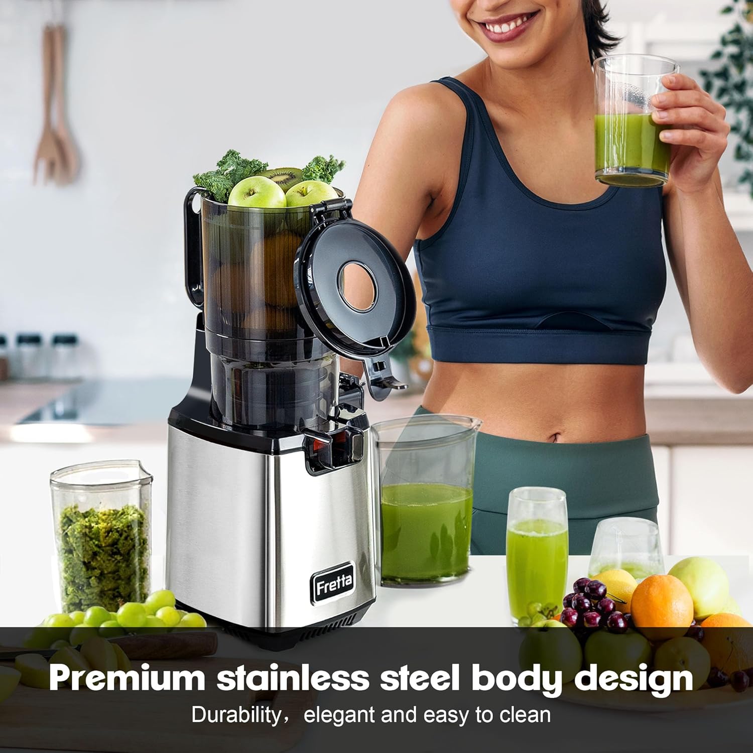 Fretta Cold Press Juicer Machine, 4.25" Large Feed Chute, Compact Juicer Machines for Fruits & Vegetables, Sleek Design Personal Size Tritan BPA-Free