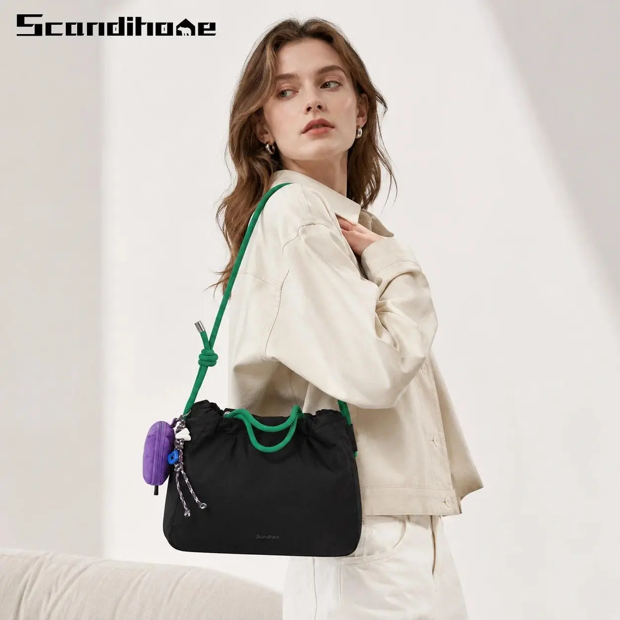 Large Capacity Drawstring Tote Bag 9.5L Lightweight Nylon Handbag Waterproof Women Shoulder Bag Multi-way Crossbody Purse