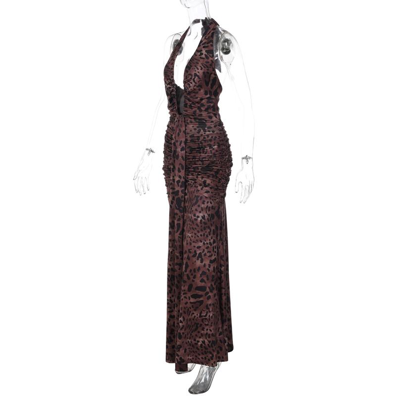 Women Summer Sexy Halter V Neck Backless Leopard Print Bodycon Party Club Evening Long Dress