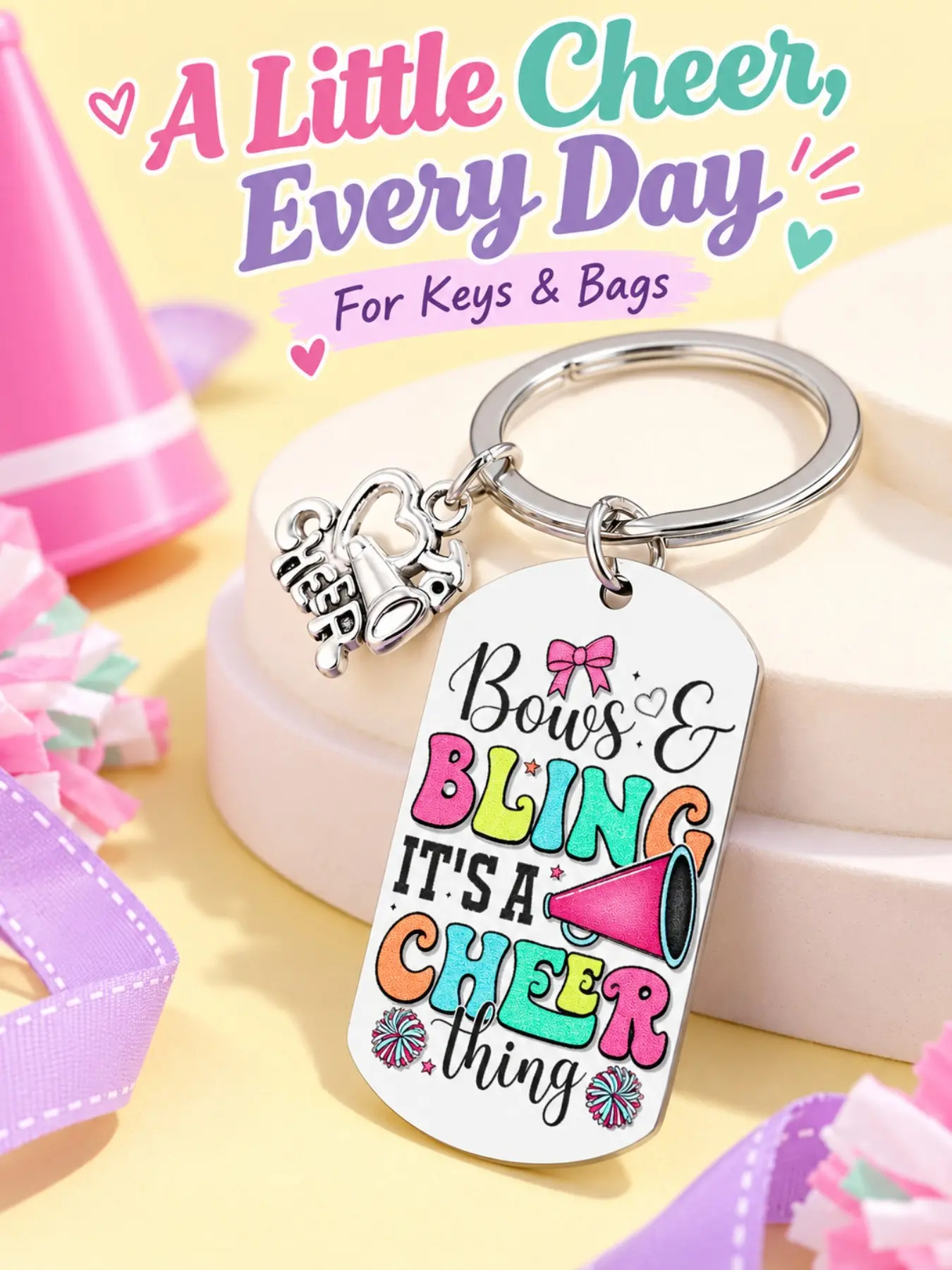 Cheerleader Keychain with Megaphone Design, Bows & Bling Cheer Bag Charm, Cute Key Ring for Backpacks, Gifts for Cheer Teams