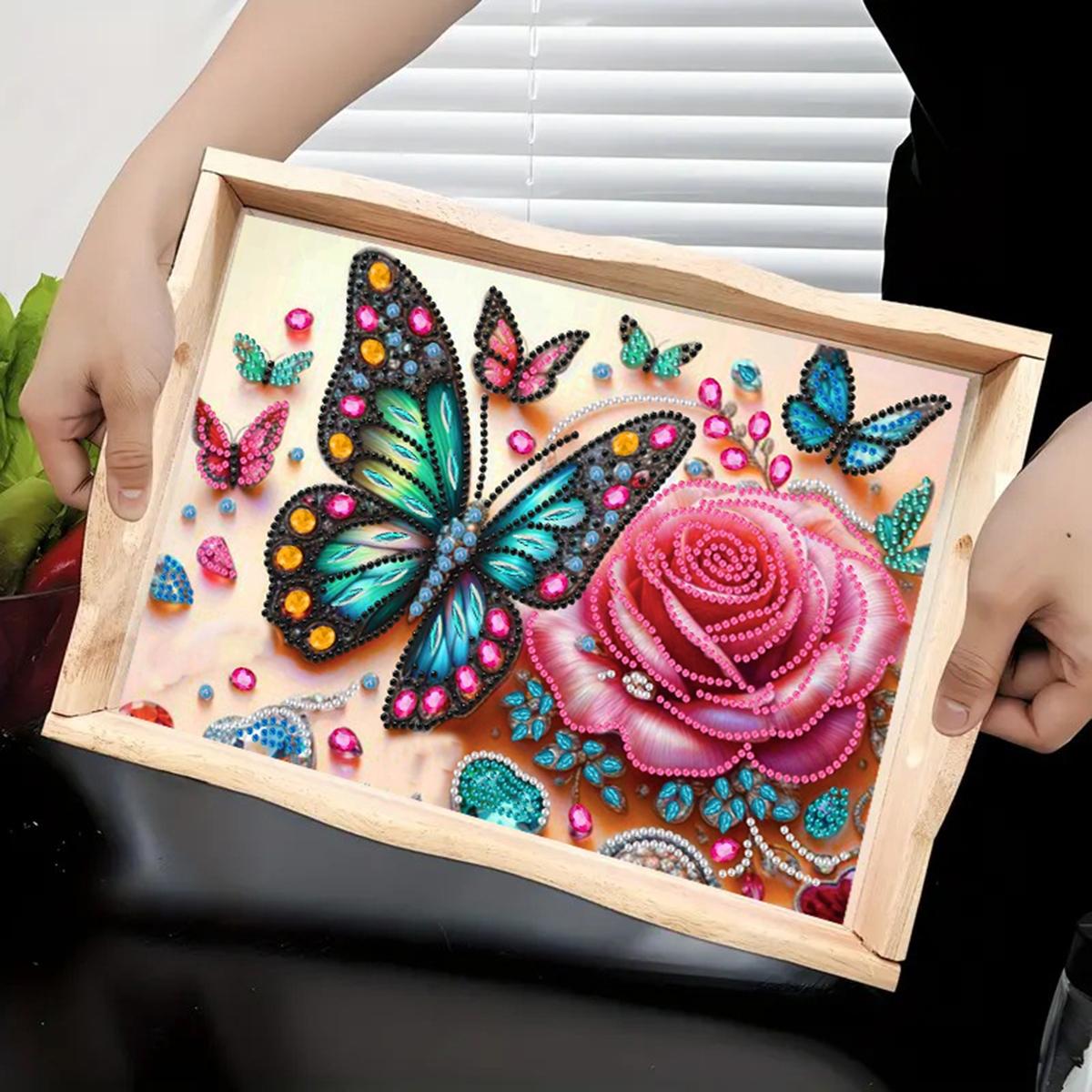 DIY Diamond Painting Wooden Tray Set with Frame, Butterfly Pattern, Home Decor Gift, Unique Holiday Present for Family and Friends