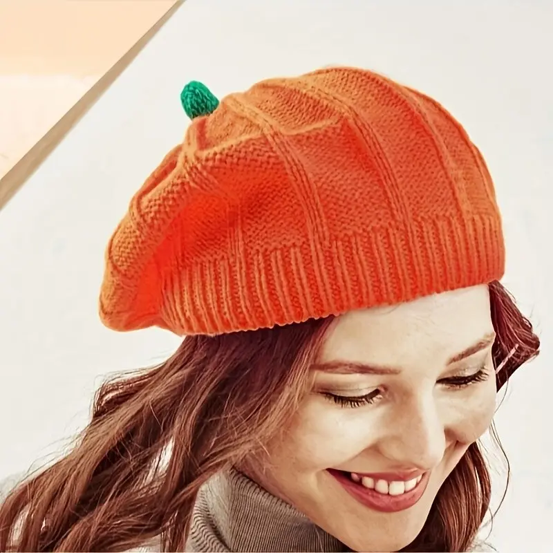 2pcs Pumpkin Beret Hats, Fall Winter Elastic Comfort Knit Caps, Lightweight Warm, Halloween Christmas Party Essential, Festival Accessories Gift