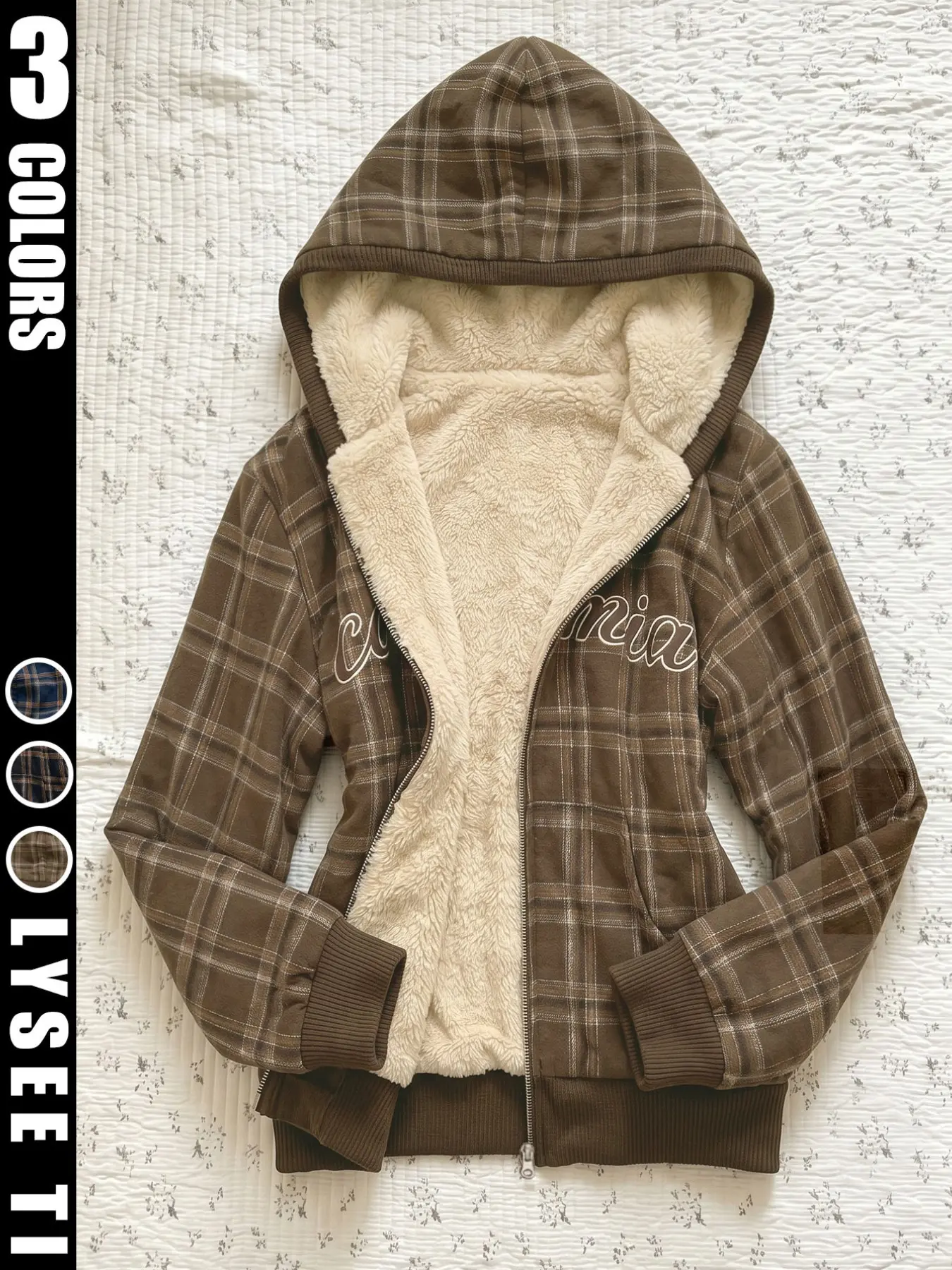 【Black Friday】Plaid Pattern Zip-Up Hooded Jacket, Casual Thick Fleece-Lined Jacket with Pockets, Letter Embroidered Long Sleeve Thermal Outerwear