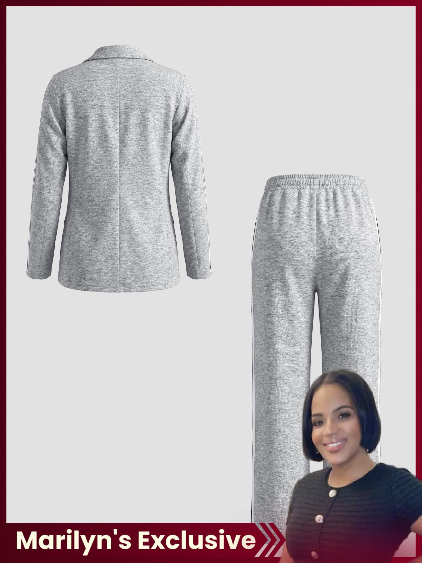 【Marilyn's Exclusive】Valentine's Day Women's Striped Print Blazer Jacket & Wide Leg Pants Set, Casual Fitted Suit for All Seasons, Stylish Ladies' Clothing Ensemble