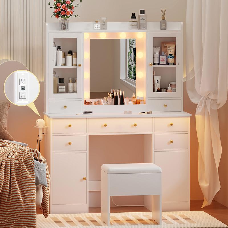 vanity with storage drawer, charging station, cabinet and chair, vanity with RGB ambient light, suitable for women's bedrooms and bathrooms vanity with storage drawer, charging station, cabinet and chair, vanity with RGB ambient light, suitable for women's bedrooms and bathrooms