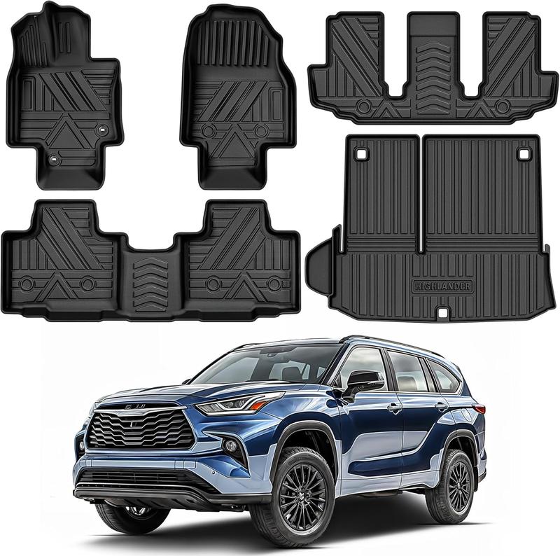 OEDRO Floor Mats & Cargo Liner Fit for Toyota Highlander 2020-2023 7 Seats W/O Subwoofer, Floor Liners Back Seat All Weather Car Liner 3 Row Trunk Mat with Backrest Mat Car Mats Accessories