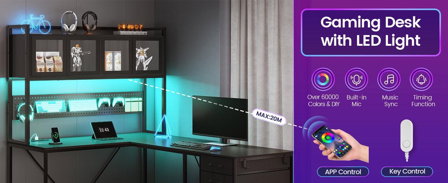 Sikaic 62 Inches LED Reversible L Shaped Gaming Desk With Power Outlet Storage Drawers Hutch and Pegboard Furniture Computer Chair Dual Monitor Stand