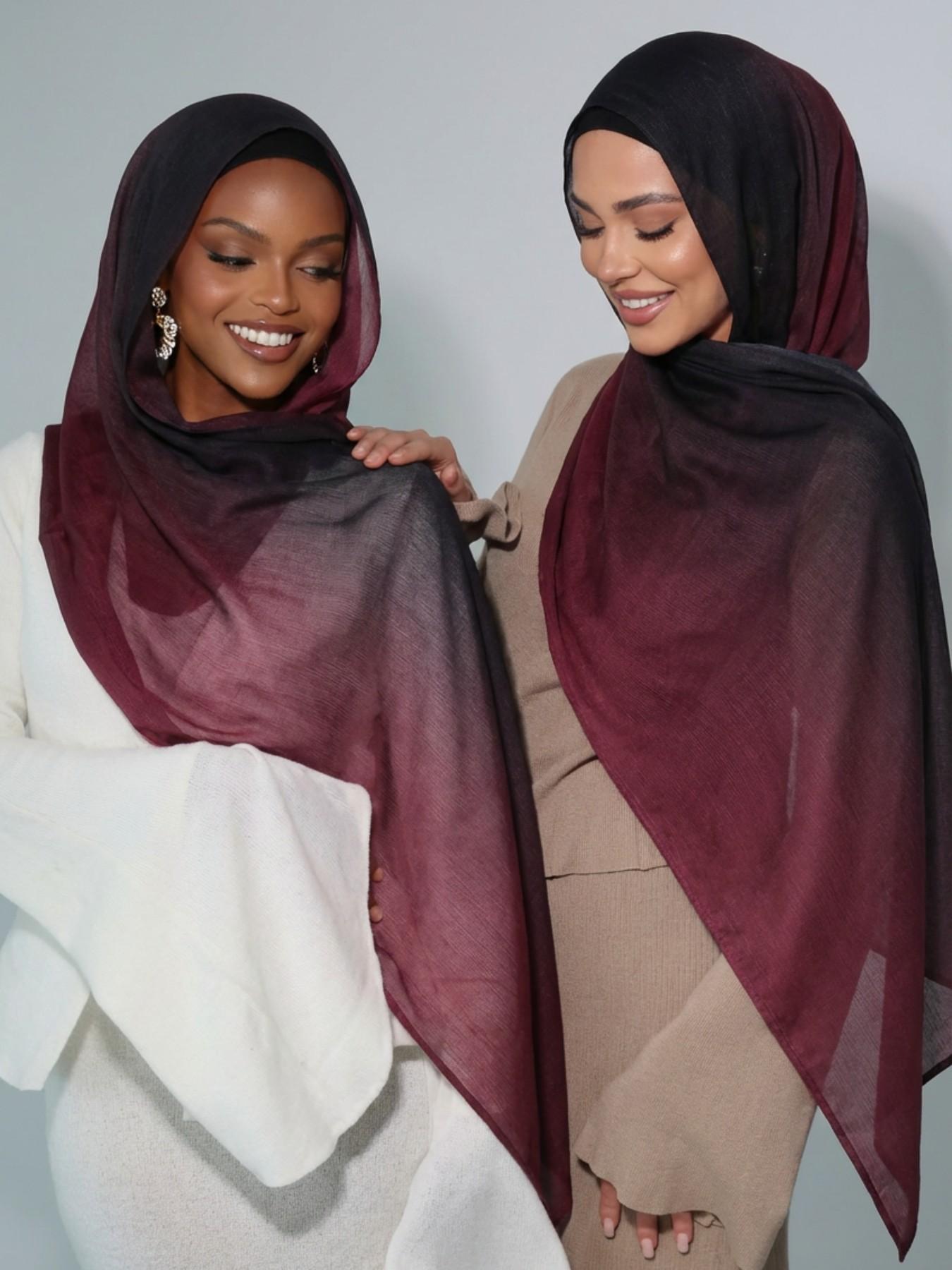 Women's Elegant Gradient Print Hijab Scarf, Soft Cotton Headscarves, Muslim Daily Wear Long Shawl, Fashionable Beach Wrap