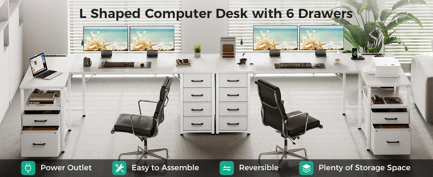 AODK Modern L-Shaped Corner Computer Desk - Large Workstation, Metal Frame, 6 Drawers, Reversible Storage Shelf, File Drawer, 1 Type-C Charging Port, Sturdy Legs, Easy WFH Setup for Home Office Commercial Furniture, L Shaped Workstation