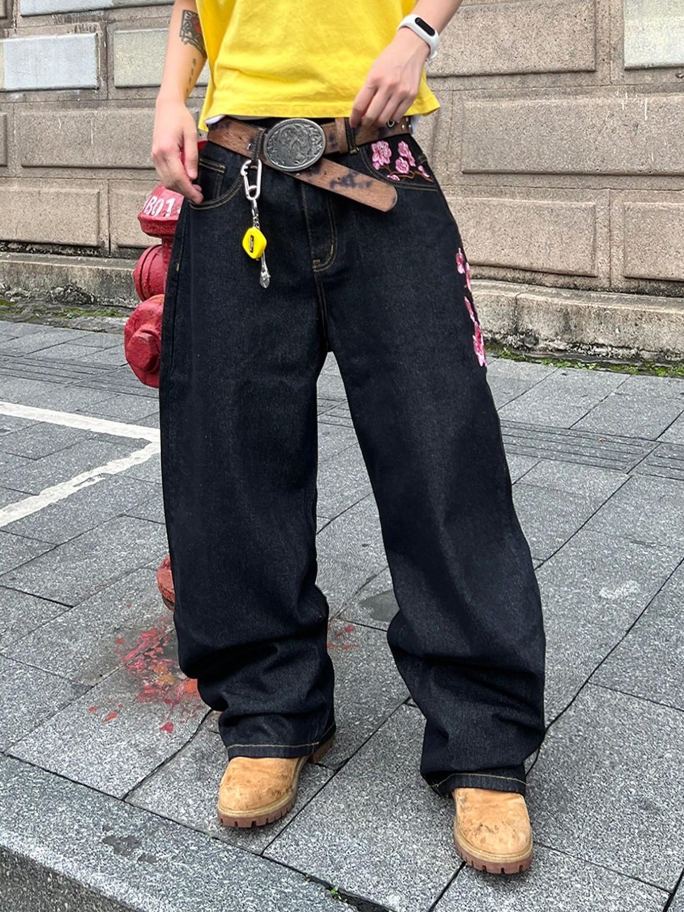 Men's Vintage Y2K Style Loose Wide Leg Jeans, Sakura Embroidered