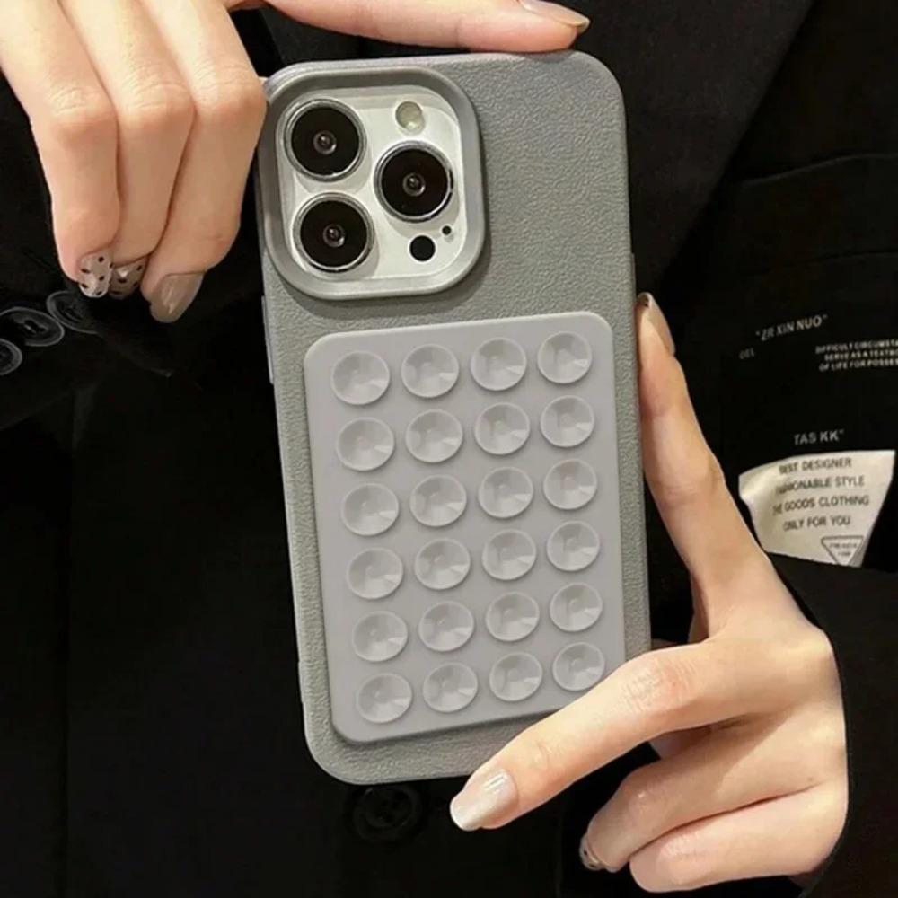 Minimalist Solid-Color Suction Cup Stand Leather-Textured Phone Case Cover Casing For iPhone 17 16 15 14 Plus 13 12 Pro Max 11 XS XR XS Max Shockproof Protective Case Accessories