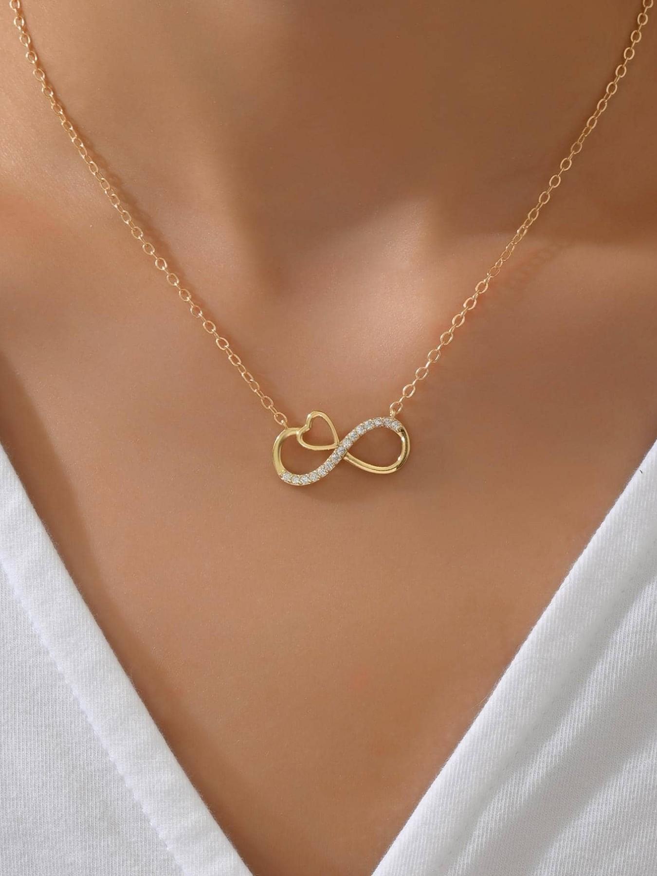 Women's Heart & Infinity Symbol Pendant Necklace, Artificial Zirconia Jewelry for Daily Wear, Perfect for Dates & Festivals