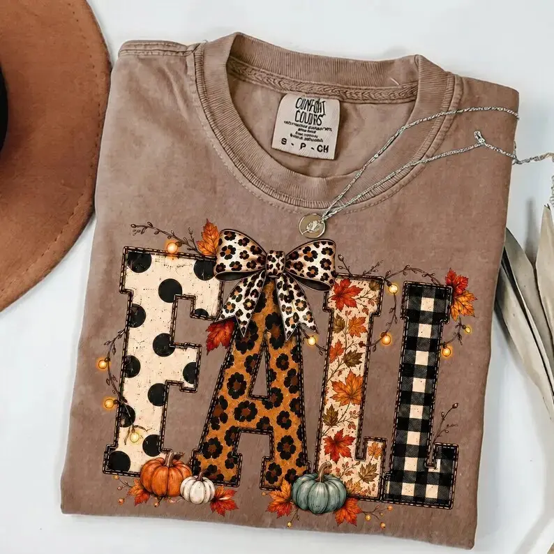 Leopard Plaid Fall PRINTED Shirt, Pumpkin Bow Autumn Graphic Tee, Cute Leopard Pumpkin T-Shirt, Cozy Fall Lover Apparel, Thanksgiving Gift