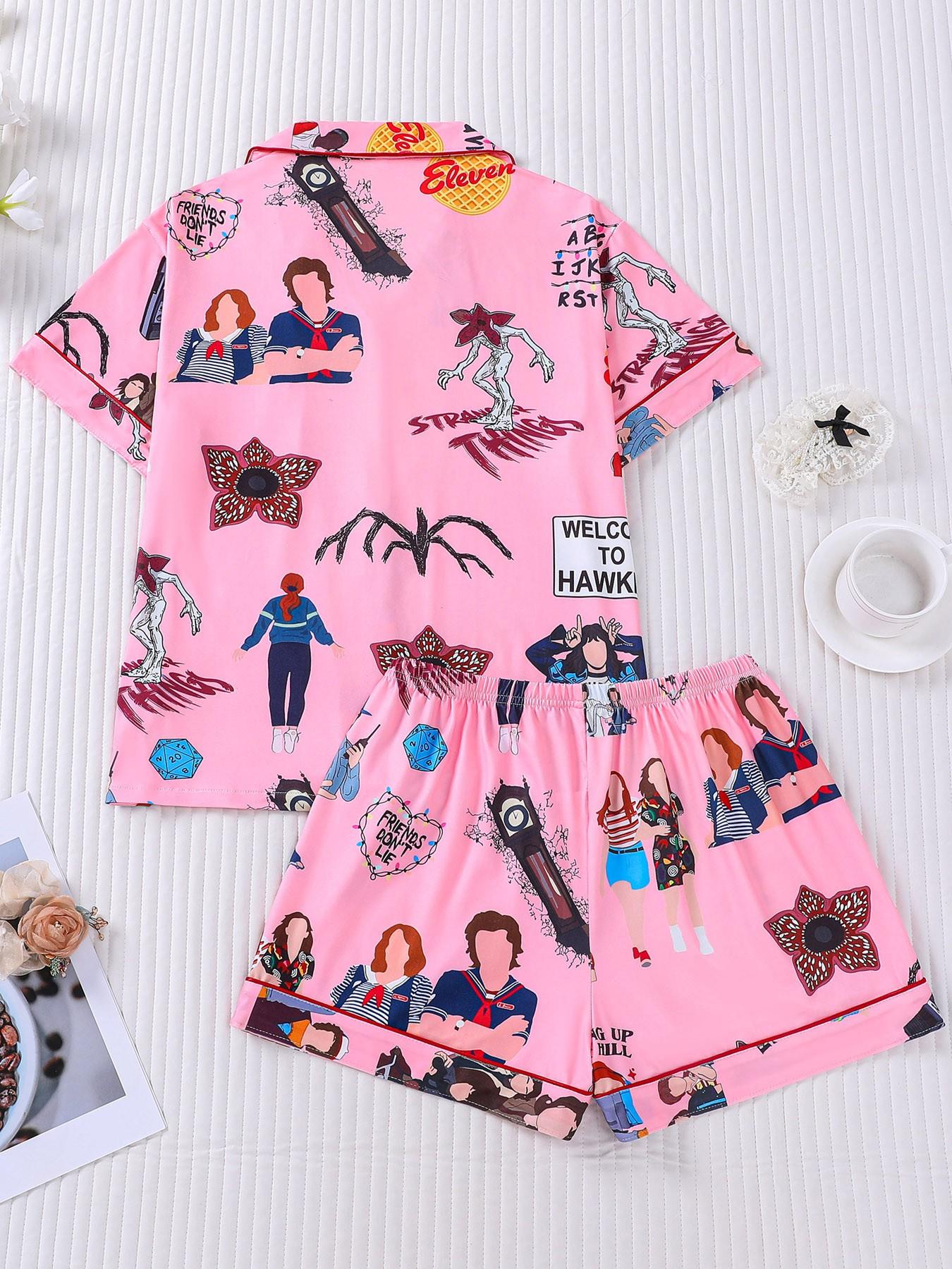 Stranger Things Cartoon All-Over Print 2-Piece Pajama Set for Women, Pink Girly Style Lapel Short Sleeve Top with Pocket & Elastic Waist Shorts, Soft Comfortable All-Season Casual Daily Loungewear Sleepwear