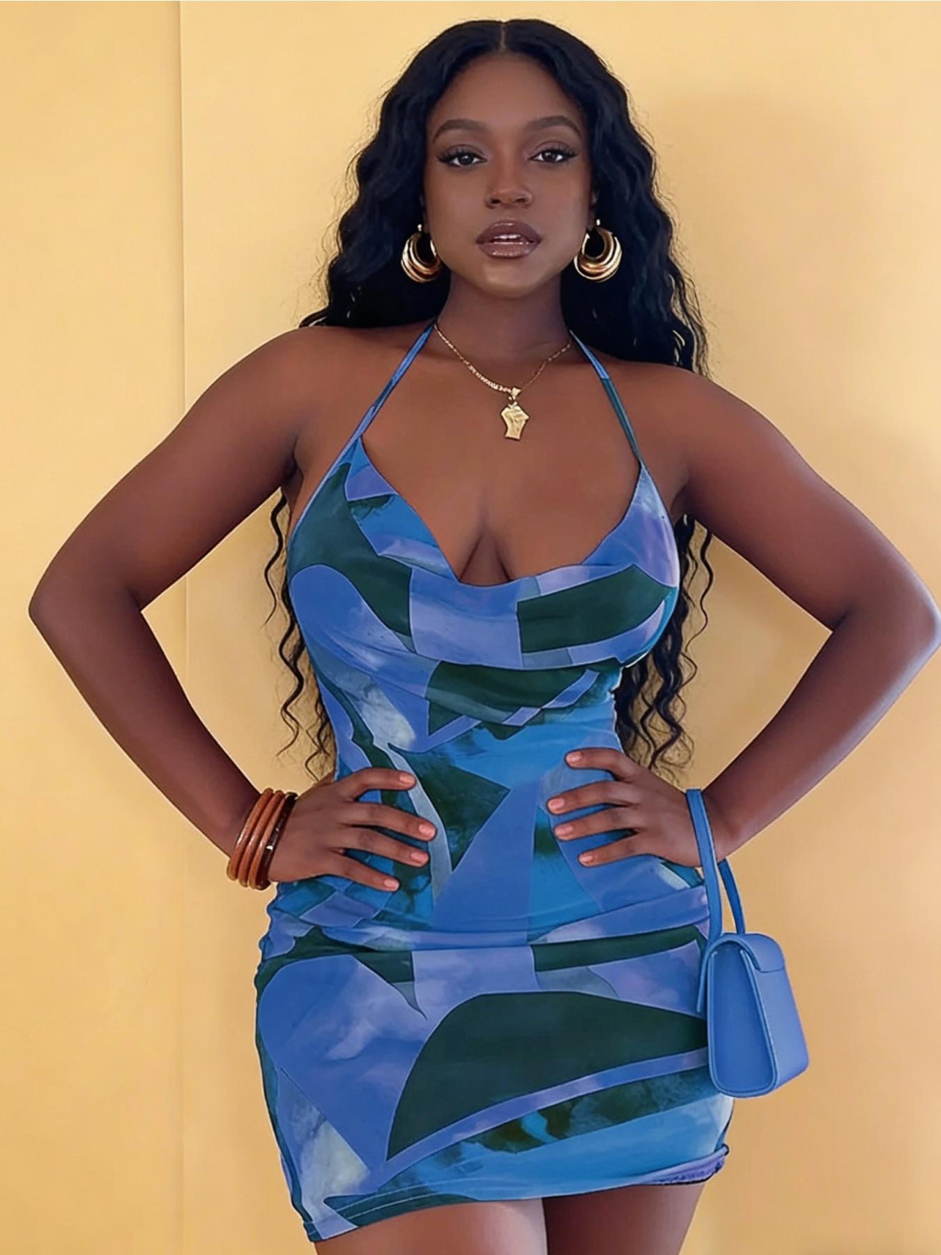 A set of women's casual contrasting printed neck hanging dress with a spicy girl style deep V slim fit hip hugging short skirt for vacation and dating, suitable for summer, suitable for home, indoor, and outdoor wear