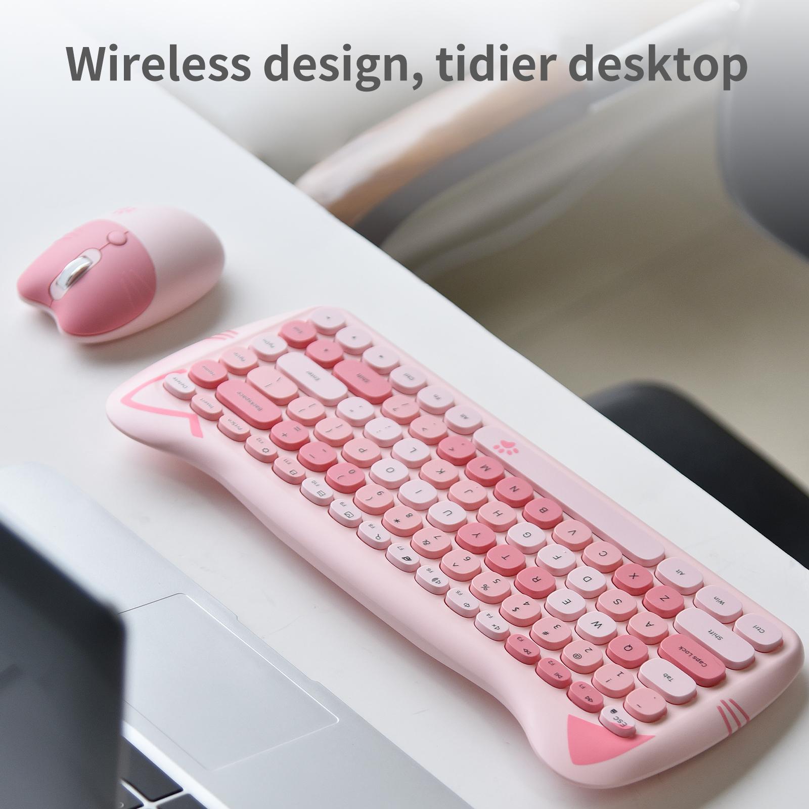MOFii 1 Set Pink Cat Ear Wireless Keyboard and Mouse Combo, Cute Silent Office Keyboard Mouse, Universal for Laptop Desktop, US QWERTY (Battery Not Included)
