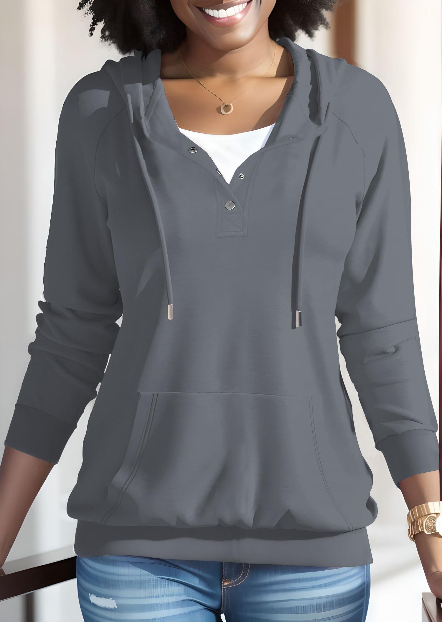 USBoutique Chic Women's Plain Half Button Raglan Sleeve Hoodie Casual Long Sleeve Drawstring Pocket Hooded Sweatshirt for Fall Ladies Clothes for Daily Wear Black Fitted Minimalist Tops