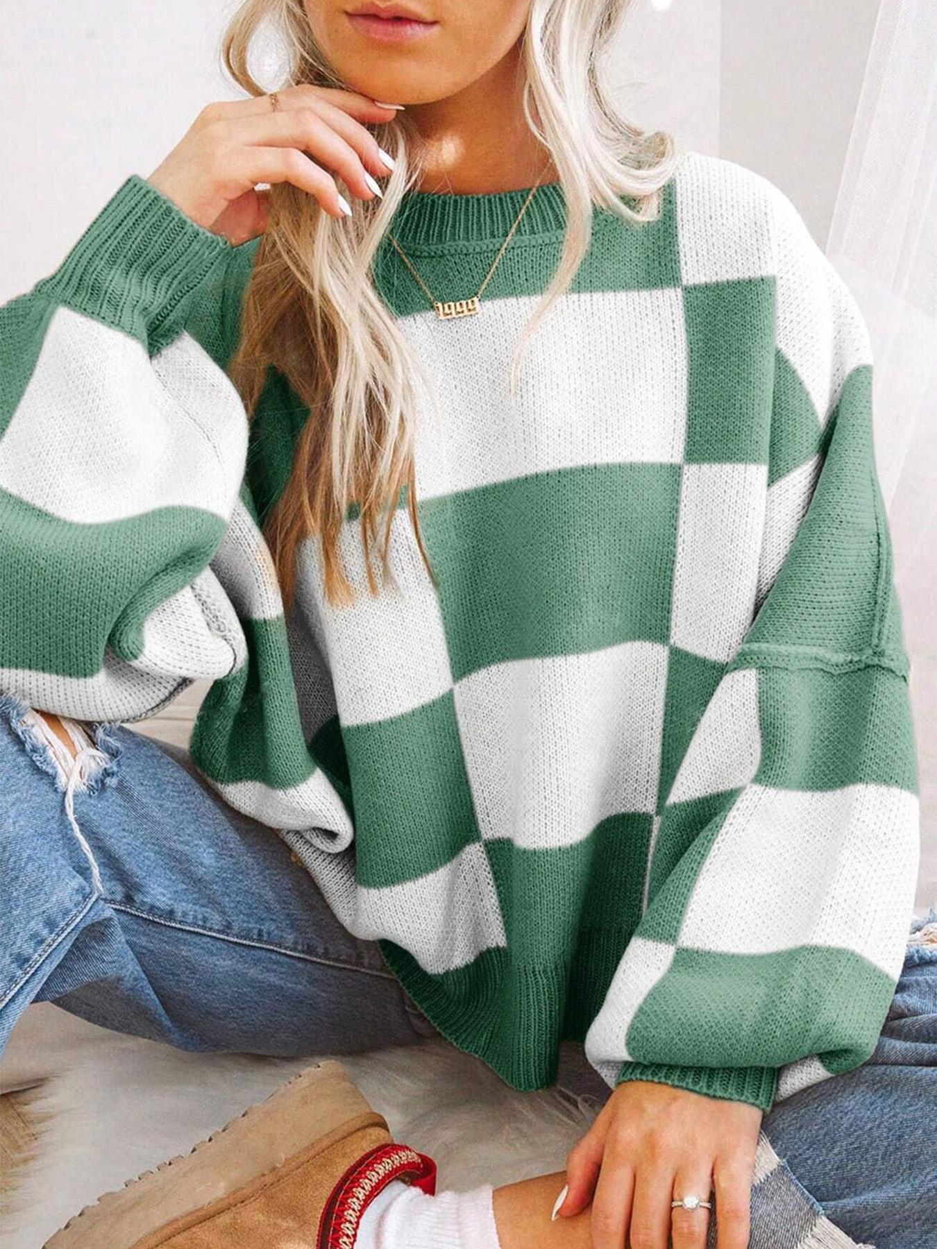 Plus Size Plaid Drop Shoulder Sweater, Casual Long Sleeve Knitwear for Fall & Winter, Loose-Fitting Round Neck Pullover for Women, Knitwear Tops