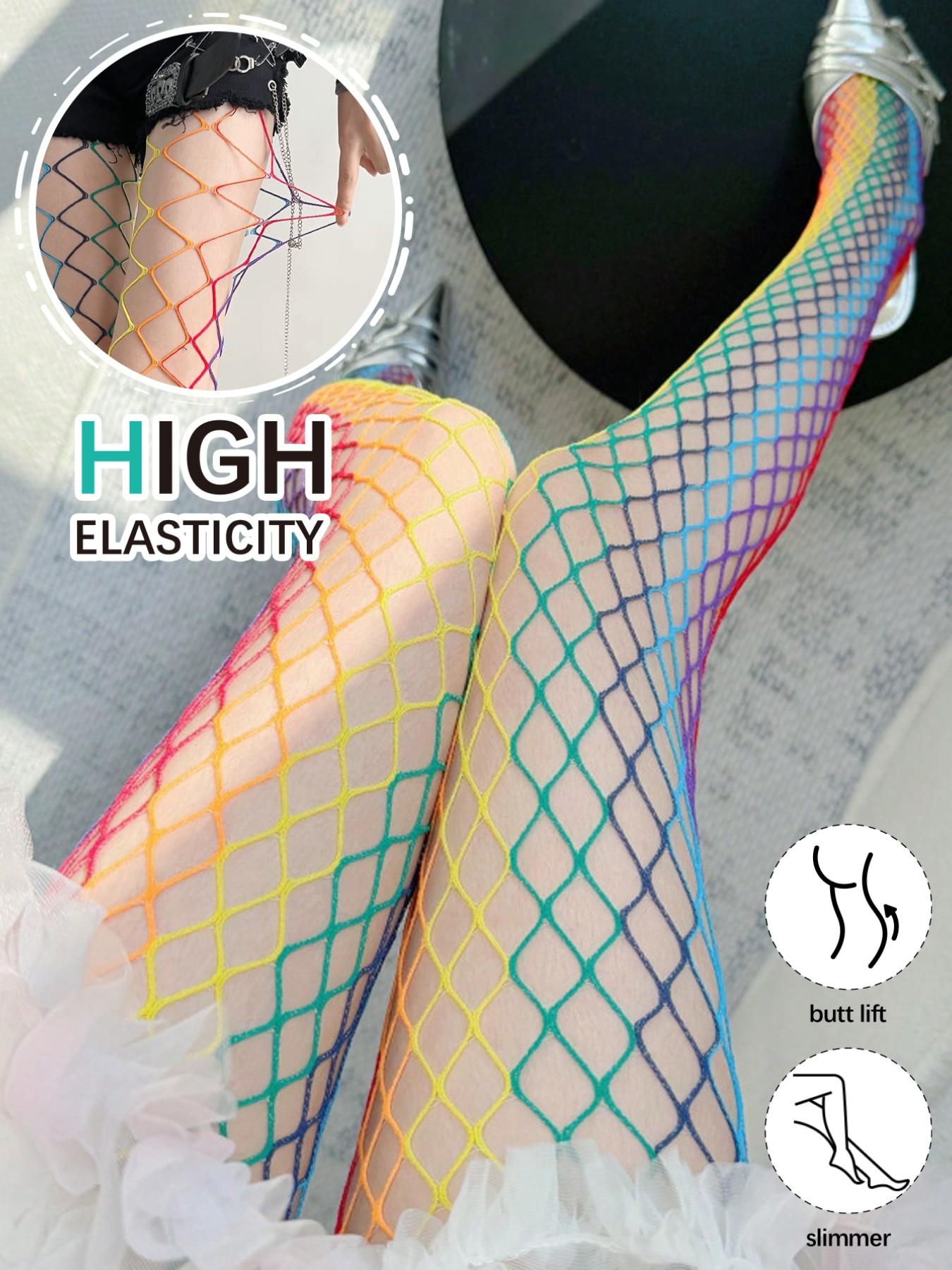 Y2K Boho Mesh Stockings, Rainbow Color Grid Patchwork Fishnet Pantyhose, Fitted Style, Women's Fashion Accessories