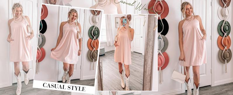 AUSELILY Women's Summer Dress Sleeveless Halter Neck Beach Dress Casual Sundresses with Pockets