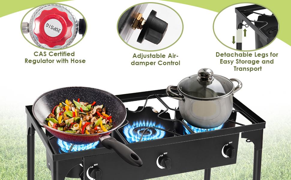 GEEKHOM High Pressure Propane Burner, Portable Triple Burner Outdoor Stand Stove Gas Cooker with Detachable Legs, 0-20 PSI Adjustable Regulator and 1.2m Hose for Outdoor 22.5W BTU (Three Burner Stove) Windproof Butane Refillable