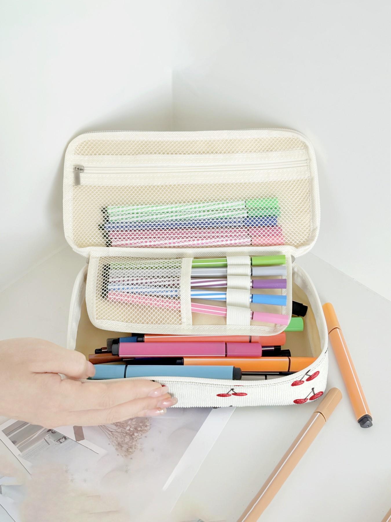 Cherry Pattern Large Capacity Pencil Case, Durable Multi-Functional Storage Bag, Portable Zipper Box for School Office Study Supplies