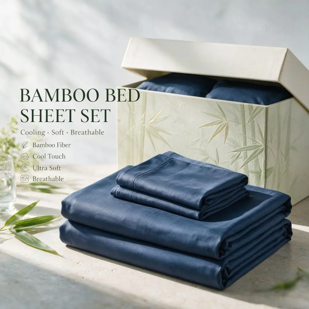 OS OMYSTYLE 3/4PCS Cooling Smooth Bamboo Sheet Set, 2000TC Comfortable, Breathable, Anti-Wrinkle Bedding, Extra Deep 16 Inch Pocket Design, Multiple Sizes, Summer Cooling Luxury  Adult Bedding, 1 Flat Sheet, 1 Fitted Sheet, 1/2 Pillowcases Included