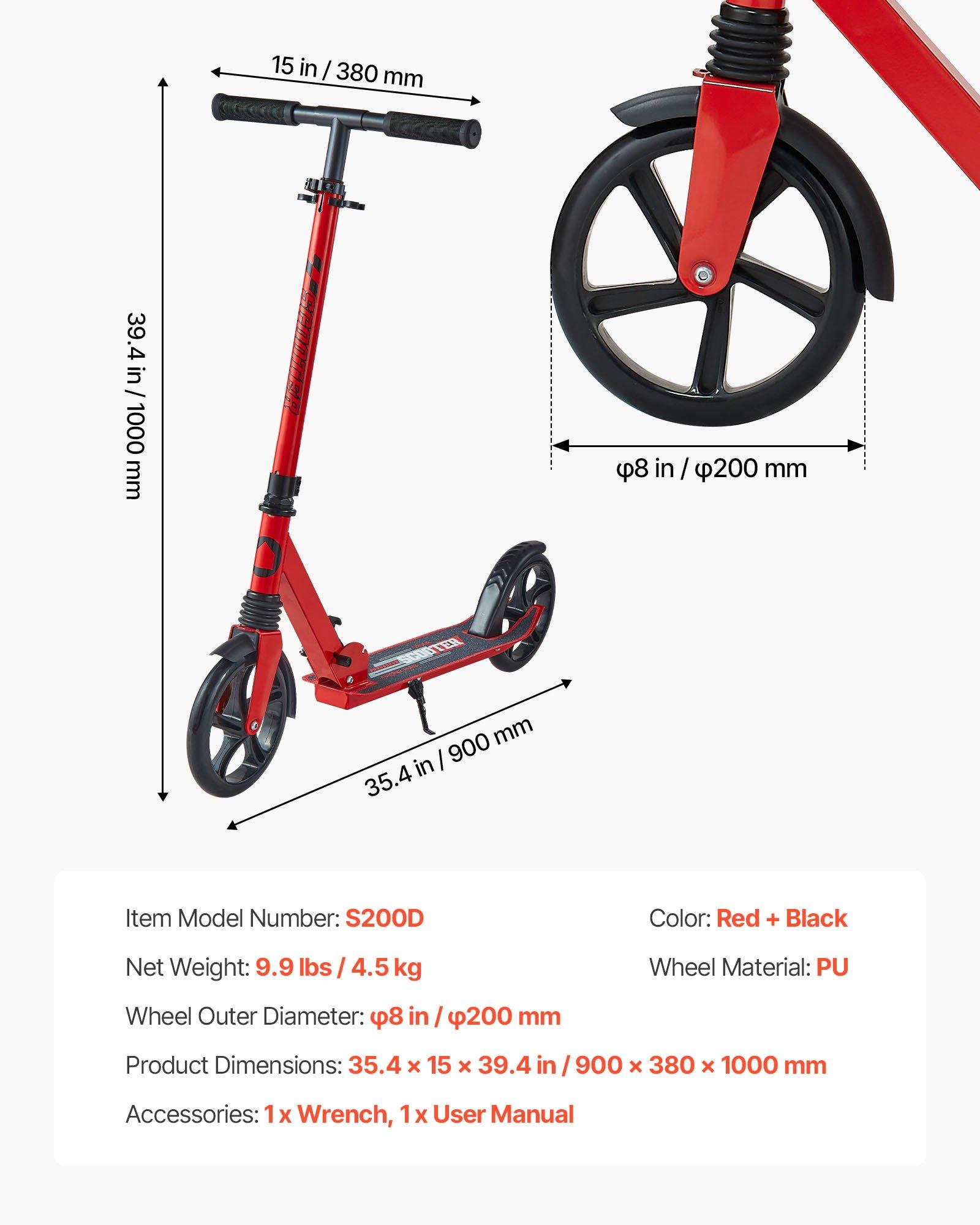 VEVOR Kids 2-Wheel Kick Scooter for Ages 8+, Adjustable Height Handlebar, Wide Anti-Slip Deck, Foldable, Lightweight Compact Design, 220 lbs Max Capacity, Red Black, Outdoor Use