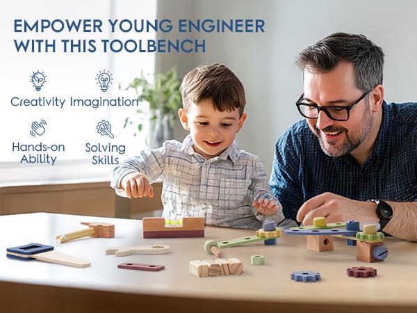 ROBUD Wooden Workbench Toddler Toy, Gift for Girl & Boy Wooden Play Tool, Toddler Pretend Play Creative Building Set, Construction Workshop Toy boys