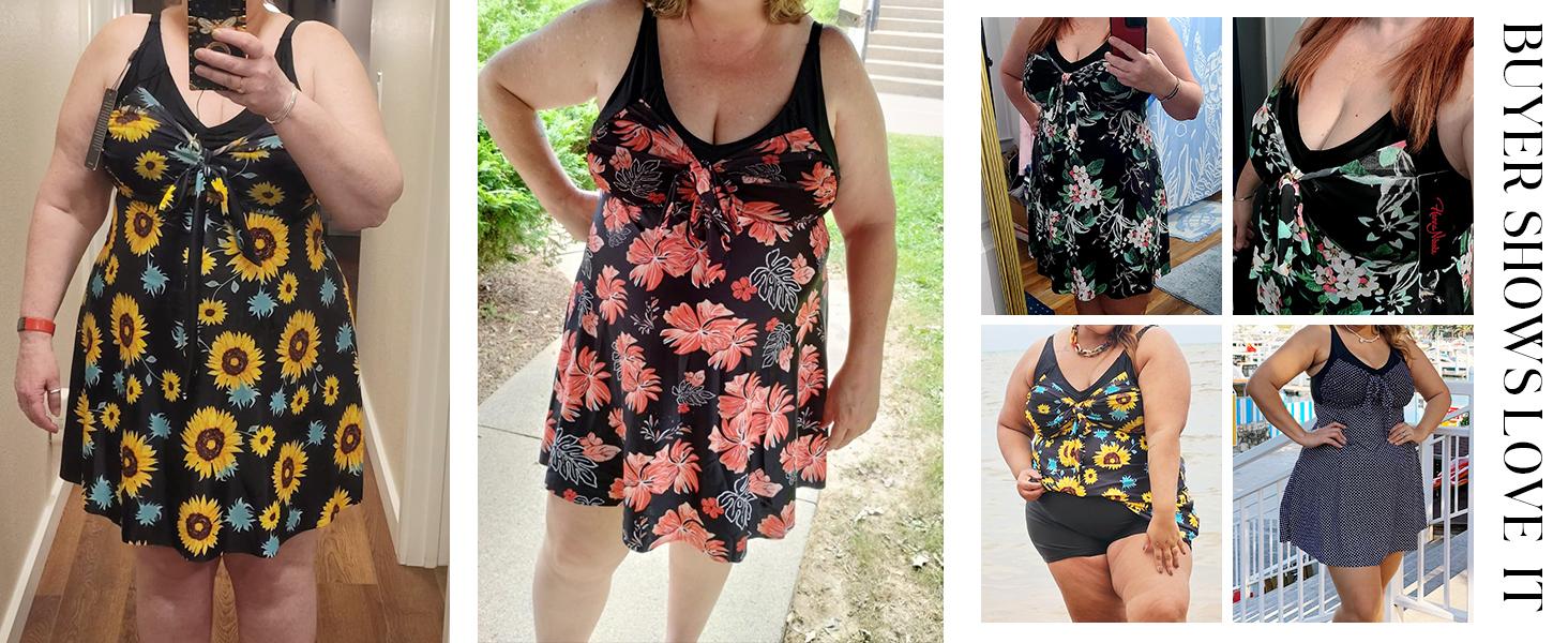 【12-28W】Hanna Nikole Women's Two Piece Swim Dress Plus Size Tummy Control Tankinis Swimdress Floral Printed Swimwear Swimsuits with Boyshort SpringStatements
