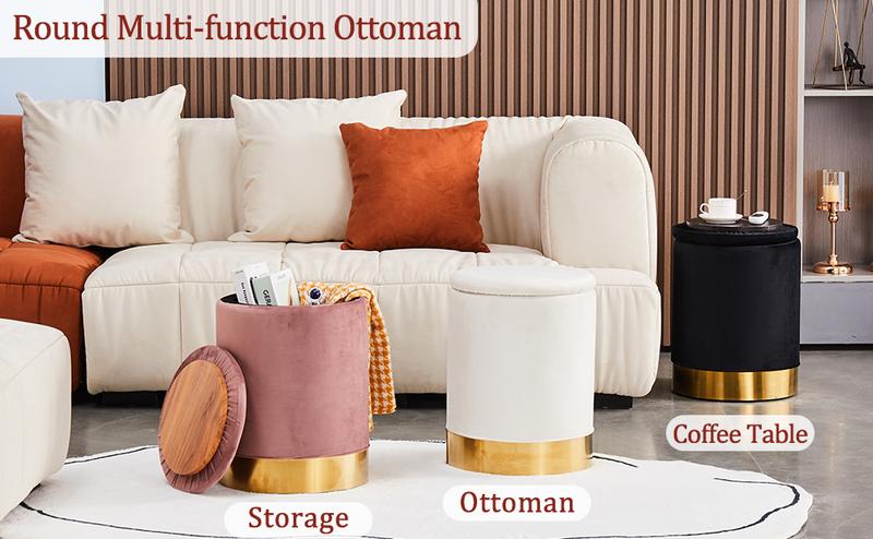 Velvet 23Qt Storage Ottoman Multipurpose Footrest Stool with Metal Base Modern Round Vanity Stool Chair Ottoman Foot Stools Support 300lbs Padded Seat for Living Room & Bedroom, Autumn, Winter, Warm