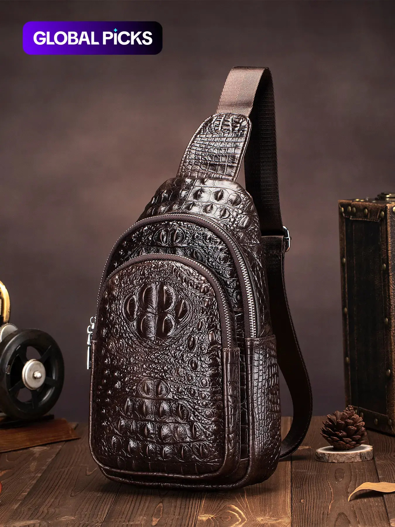 Men's Vintage Crocodile Embossed Zipper Sling Bag, Casual Trendy Crossbody Bag, Fashionable High-quality Cowhide Bag for Daily Use