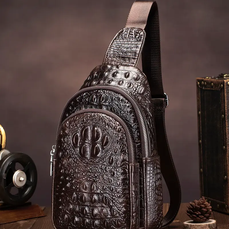 Men's Vintage Crocodile Embossed Zipper Sling Bag, Casual Trendy Crossbody Bag, Fashionable High-quality Cowhide Bag for Daily Use, Fashionable Bags #GLOBAL PICKS