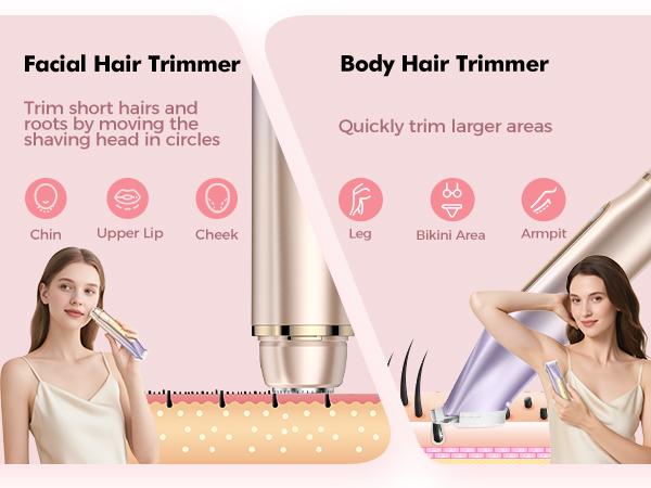 PVBKZ Bikini Trimmer for Women, Electric Shaver and Razor Rechargeable 2-in-1 Body and Facial Epilator, Dual Heads for Painless Trimming of Pubic Hair, Face, Underarms and Legs, IPX6 Waterproof. Christmas Gift New Year Gift Shaving Grooming