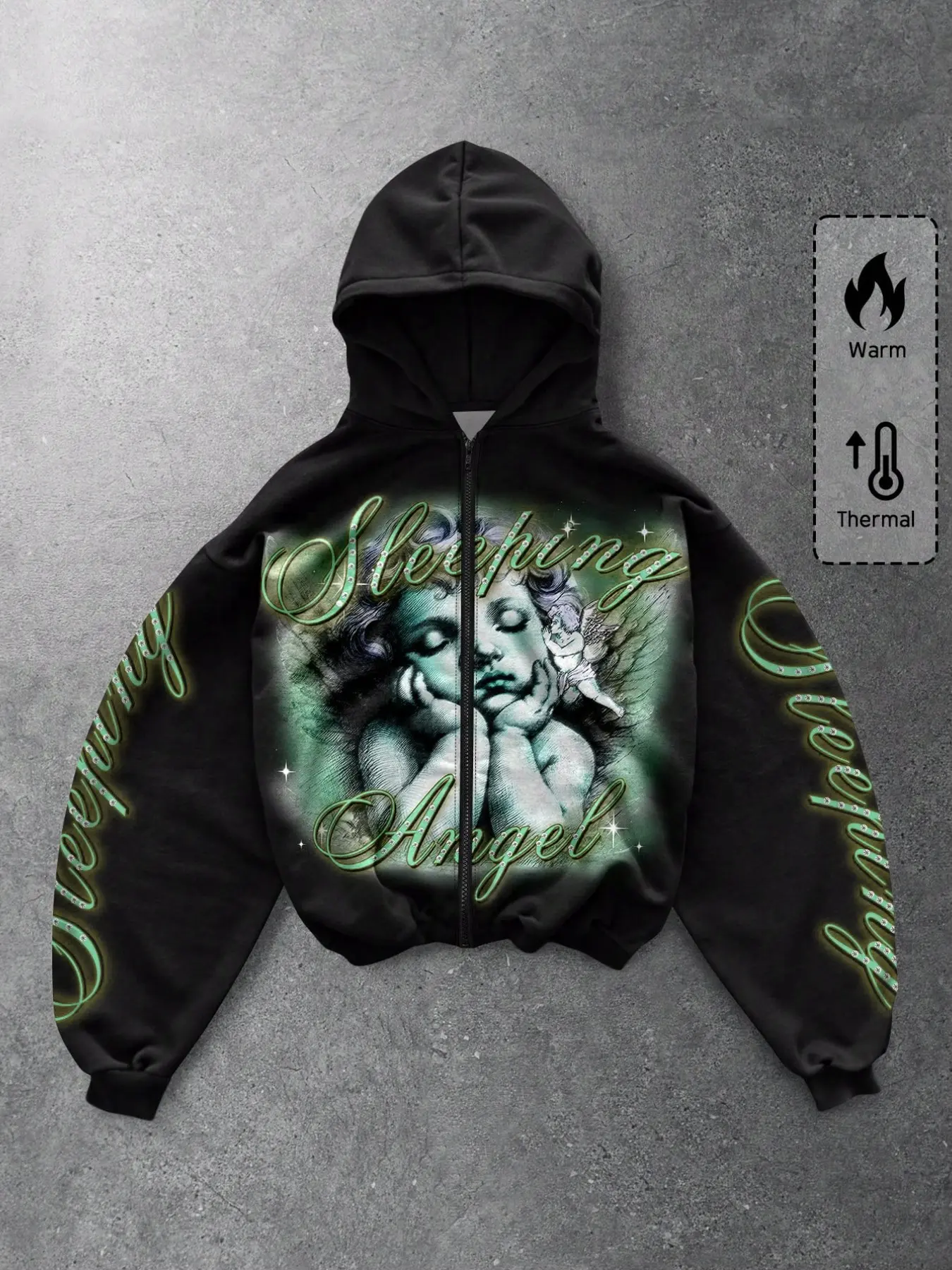 Women Cropped Zip Up Hoodie Black Angel Graphic Print Vintage Y2K Aesthetic Oversized Fit Retro Casual Streetwear Urban Outing Weekend Meetup Social Hangout Spring Fall Daily Fashion Apparel