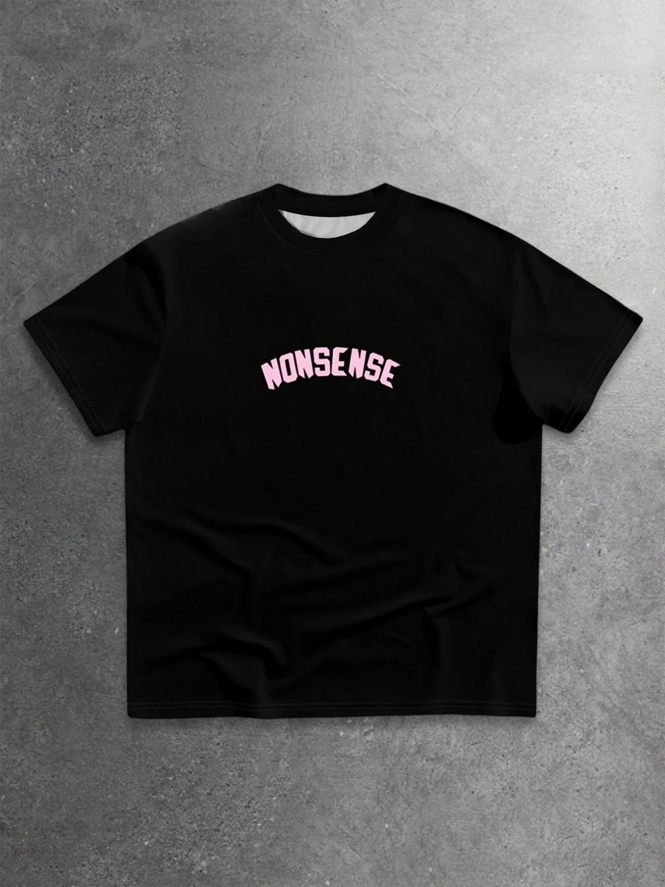 Men's Black Pink NONSENSE Letter Print T-Shirt, Vintage Streetwear Hip Hop Top, Suitable for Daily Wear and Street Style