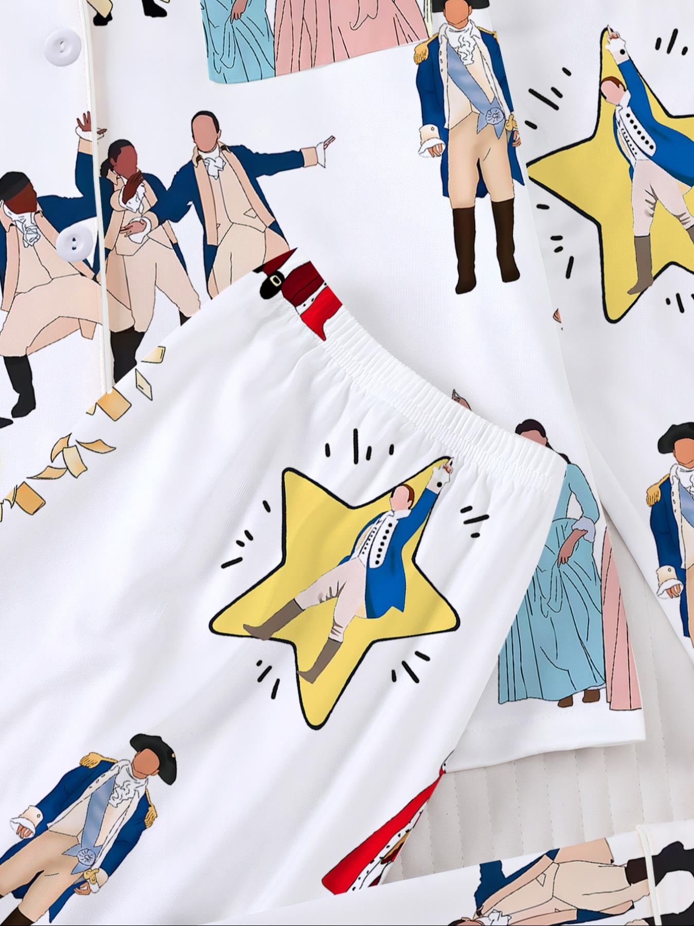 Hamilton Musical Print Women's Pajama Set, Long Sleeve Shirt Collar Button Soft Top & Elastic Pants, Casual Home Wear Loungewear