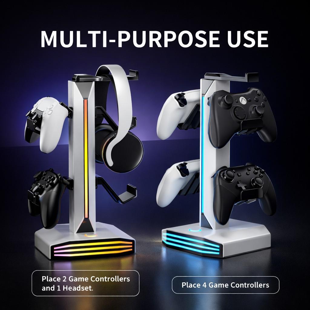 Headphone & Controller Stand with RGB Light, Rotatable Headset Stand, 9 Light Modes, 2 USB and Type-C Ports, Gaming Accessories