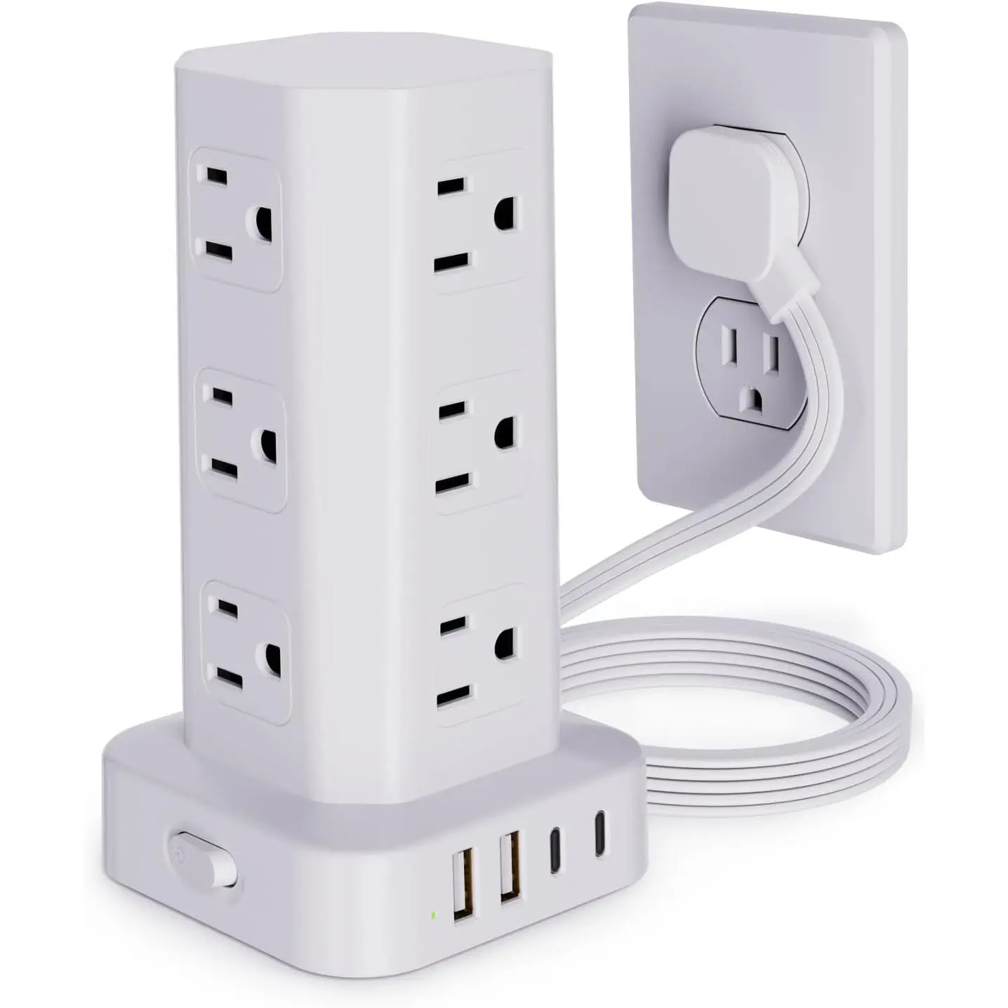 White Compact Power Strip Tower Surge Protector Socket - 6FT Flat Plug Extension Cord, 12 AC Outlets, 4 Ports (2 USB-C), Surge Safe for Office & USB Devices, Rubber-Synthetic Electrical Accessories