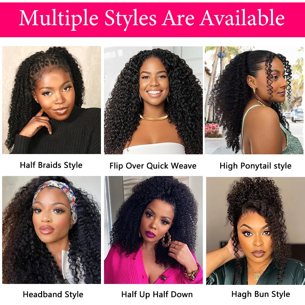 10s Install Wig [WEAR·GO HALF WIG] Half Wig Human Hair 180 Density Kinky Curly Half Wig 3 In 1 Seamless Flip Over Glueless Wigs Human Hair with Drawstring Beginner Friendly Curly Wig Headband Wig for Women Daily Wear 20 Inch