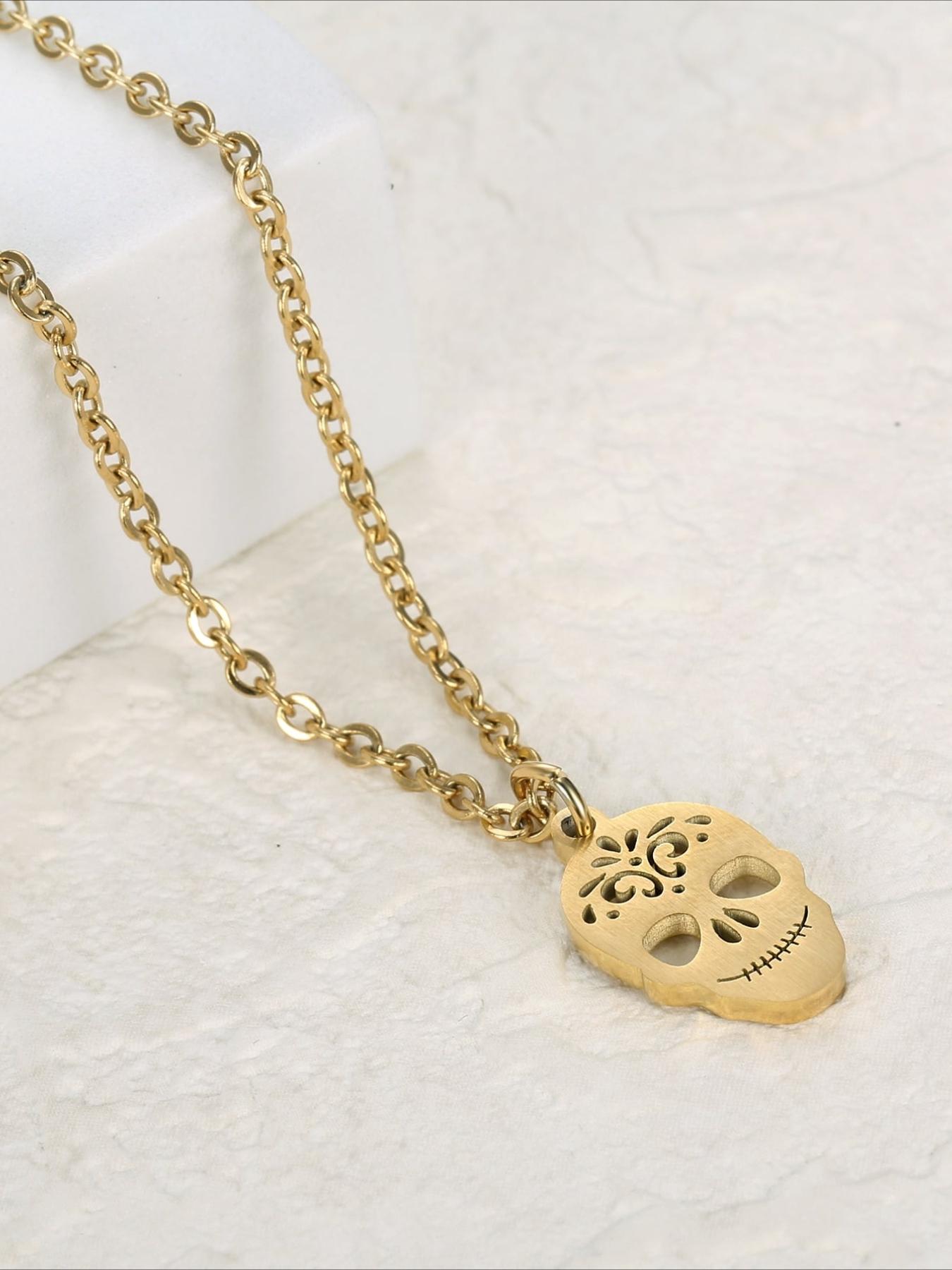 Stainless Steel Skull Pendant Necklace, Hip-hop Punk Style Accessory, Halloween Necklace