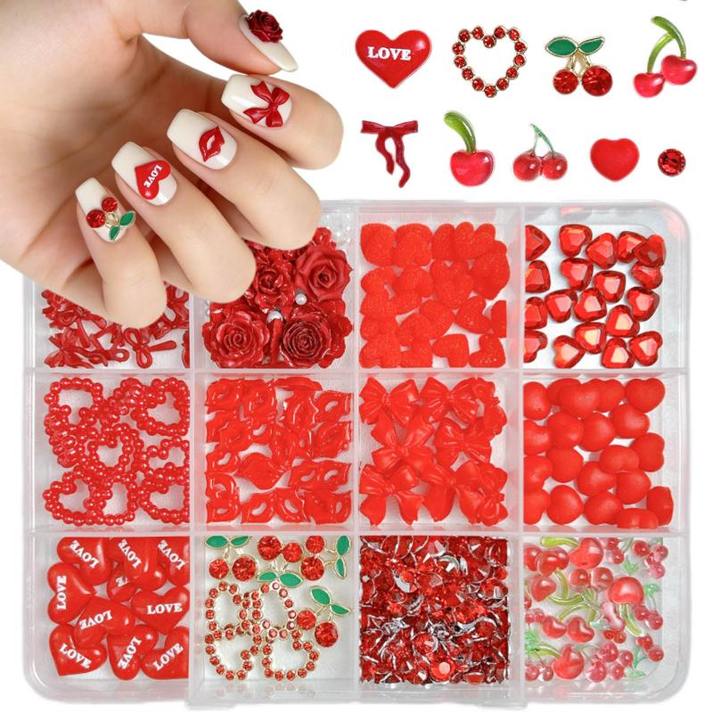 1 Box Valentine's Day Red Nail Charms 3D Creative Resin Heart Bow Mouth Alloy Cherry Nail Art Decorations DIY Festive Manicure Supplies for Women & Grils