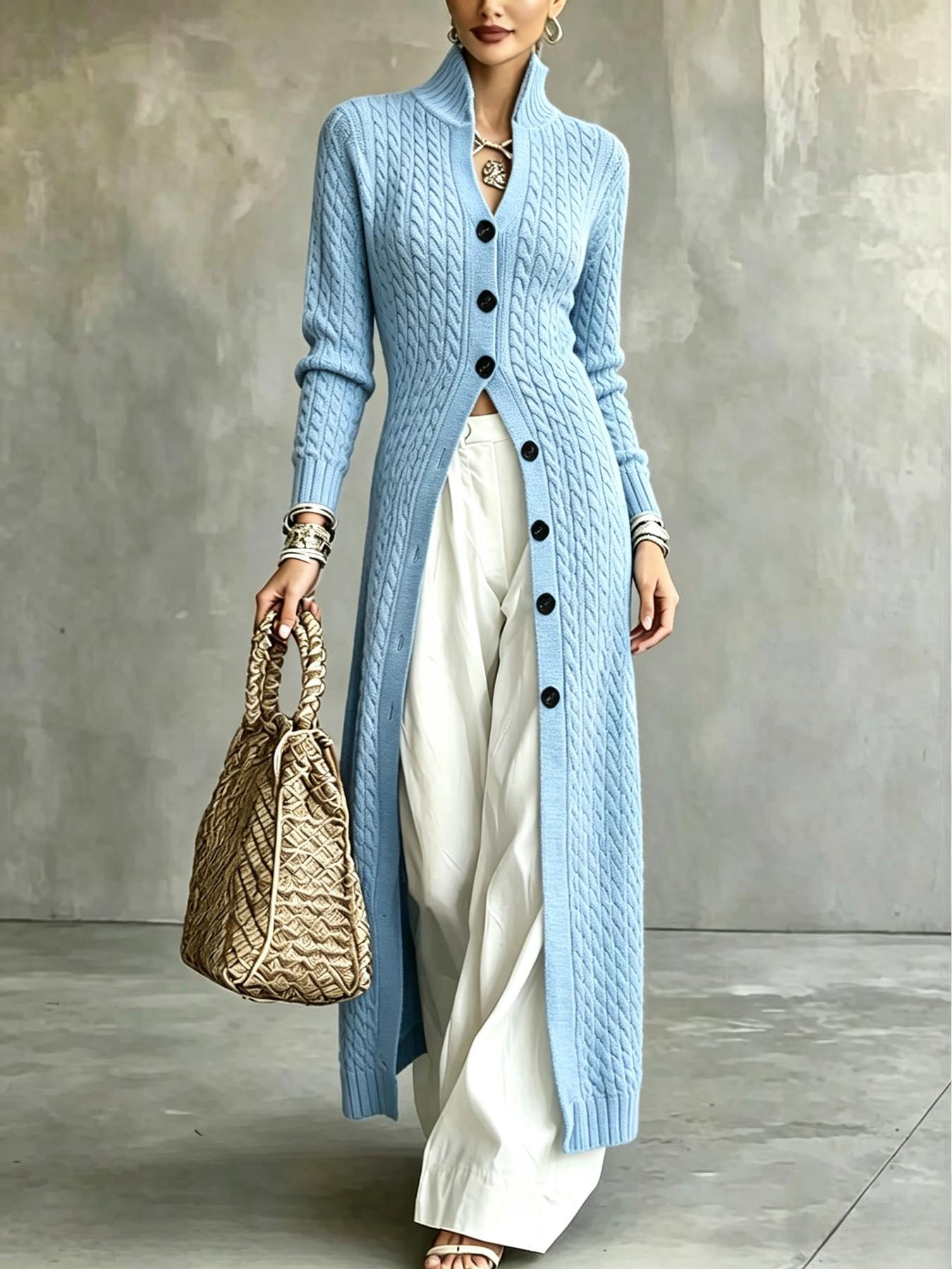 Women's Cable Knit Long Cardigan, Stand Collar Single Button Fall Winter Commute Jacket, Slim Fit Elegant Outerwear for Daily Wear Knitwear