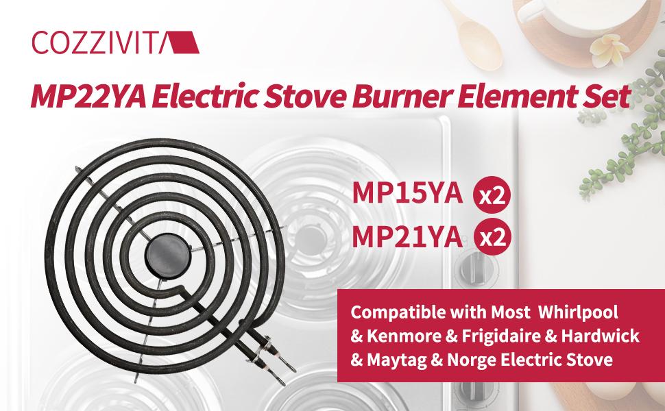 MP22YA Electric Stove Burner Element Replacement Set & W10290350 W10290353 4 Pack Silver Drip Pans - Perfectly Fit Whirlpool Electric Range Stove Top