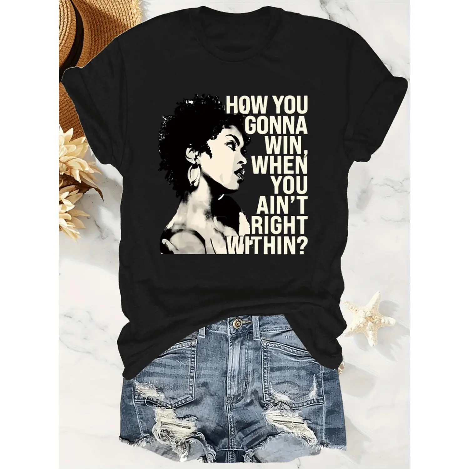 Women's Relaxed Fit Casual Short Sleeve Polyester Graphic Print T-Shirts, Round Neck with Inspirational Quote Text "How You Gonna Win When You Ain't Right Within", Machine Washable Sports Top